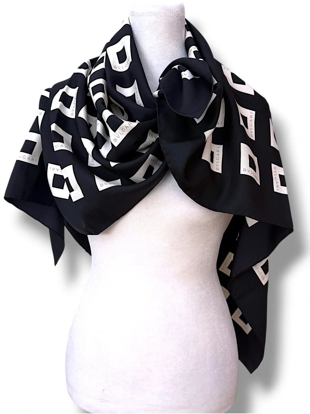 BVLGARI Vintage Quadrato Silk Scarf Black Cream Copper Geometric Square 90cm